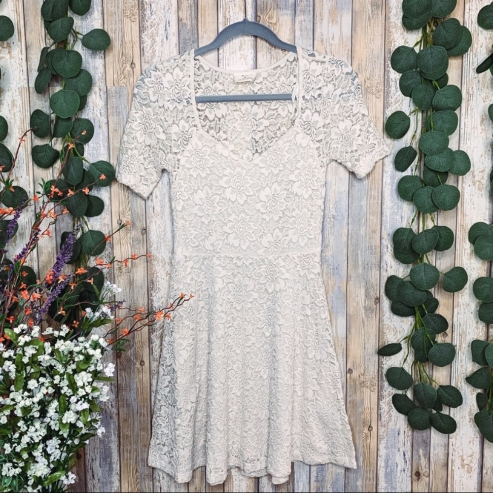 UO Pins + Needles Cream Lace Mini Dress